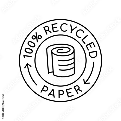 100% recycled paper sign, symbol or logo. Paper roll in a circle with recycle arrows. Eco friendly paper industry. Renewable resources concept. Black line icon. Vector illustration, flat, clip art. 