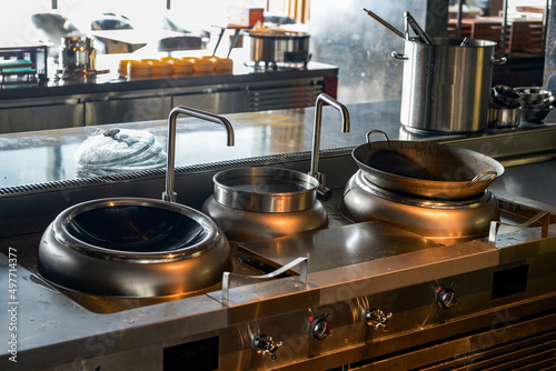 Pots and cooktops in restaurant commercial kitchens