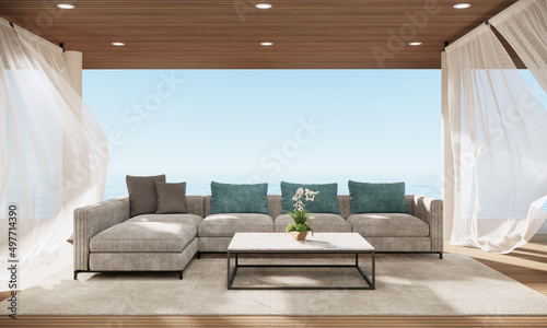 Modern Luxury Beach Villa Hotel with Wood Terrace and Ocean Sky view, 3D Rendering
