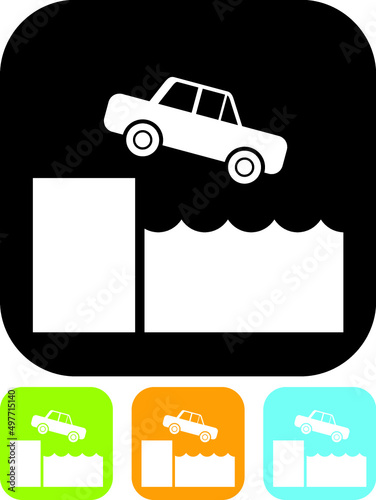 Car falling down off slope into the water accident. Warning traffic sign. Vector icon