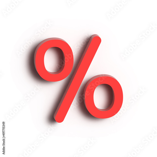 Red percent symbol isolated on white background with shadow. Sale and discount concept. 3D rendering.