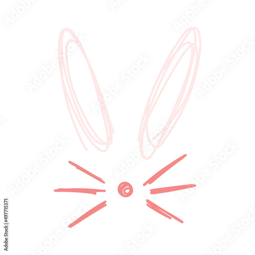 Cute bunny ears, nose and mustache in hand drawn childish cartoon flat style isolated on white background. Easter rabbit character for print, kids design. Vector illustration of sweet animal snout