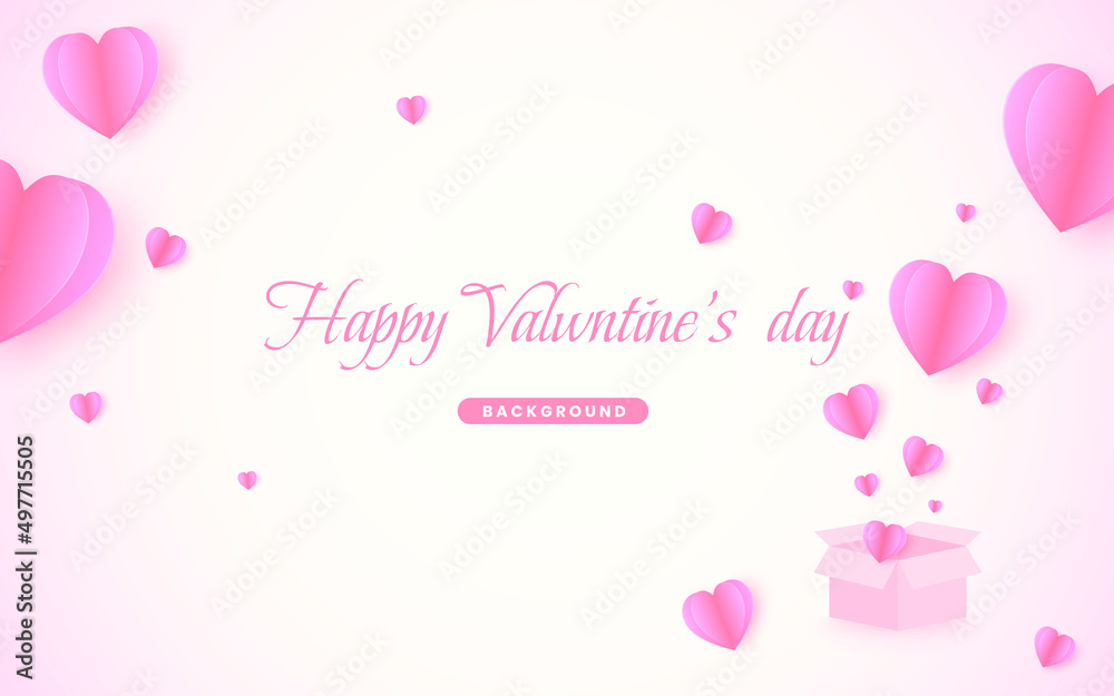 Happy Valentine's day. Valentines hearts with gift box postcard. Vector symbols of love in shape of heart. Paper flying elements on pink background.  Papercut style. illustration vector 10 eps.