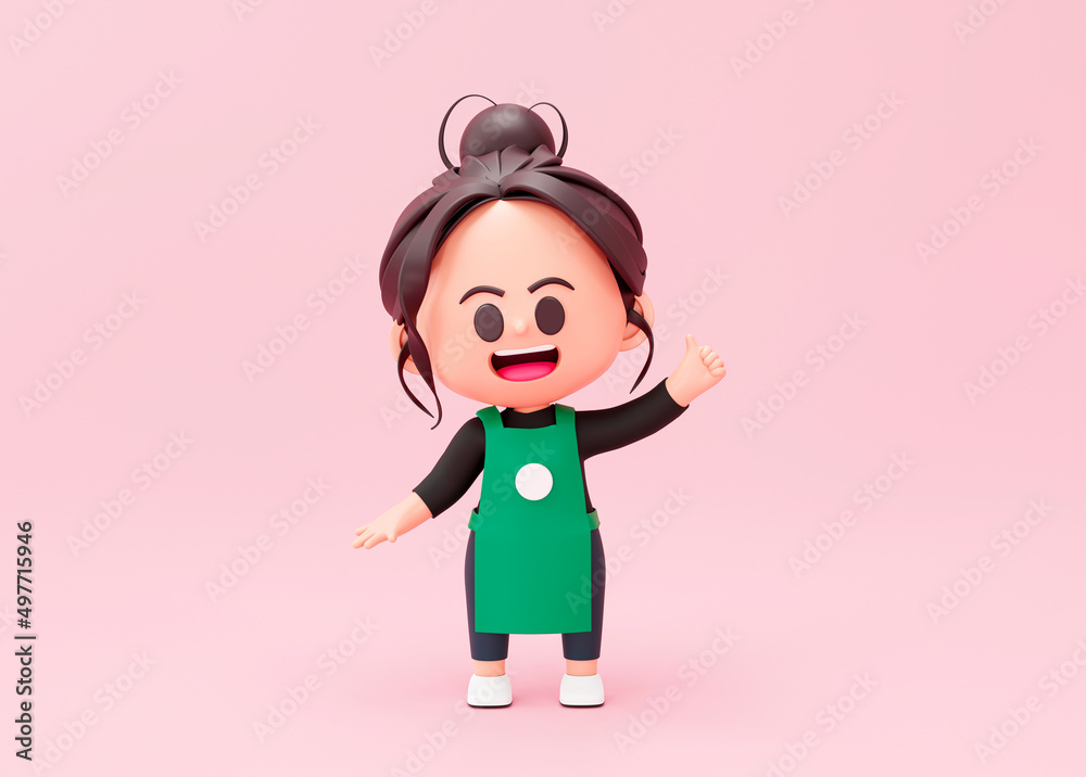 Cute chef baker or barista showing thumbs up restaurant cook mascot on pink background 3d rendering Cute chef baker or barista showing thumbs up restaurant cook mascot on pink background 3d rendering