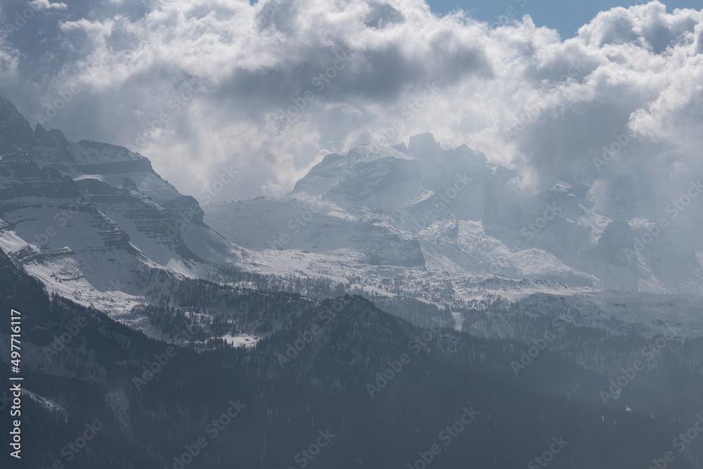 Mountain range, snowy forest. Dolomites