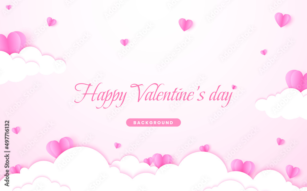 Happy Valentine's day with pink sky. Vector symbols of love in shape of paper cut heart and clouds. Paper flying elements on pink background. Papercut style. illustration vector 10 eps.
