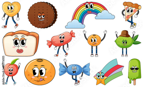 Set of facial expression with vintage style food cartoon on white background