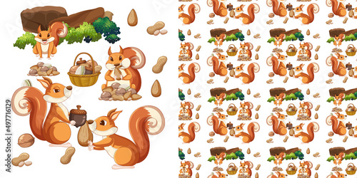 Seamless background with squirrels and walnuts