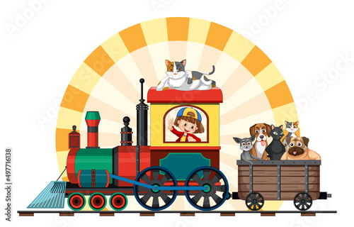 A girl with her dogs on toy train