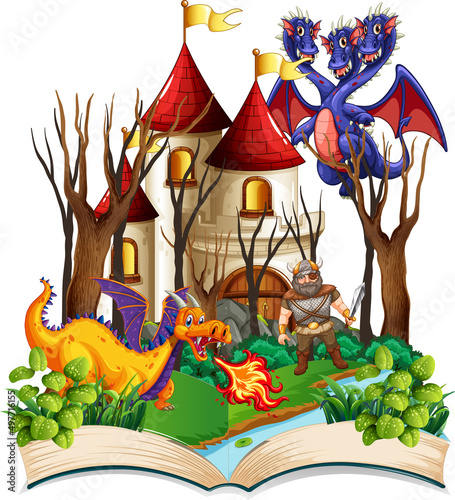 Book with scene of knight and dragons fighting