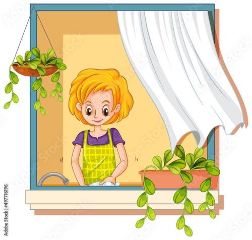 View through the window of a woman cooking