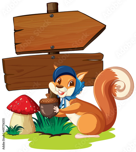 Wooden sign with cute squirrel