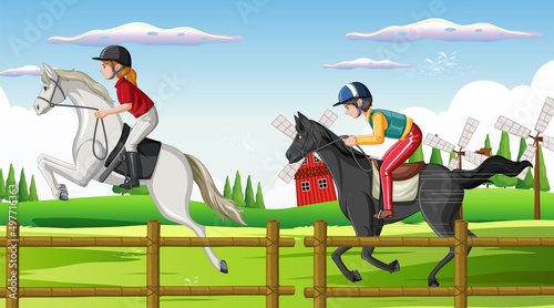 Horse riding scene with jockey and horse