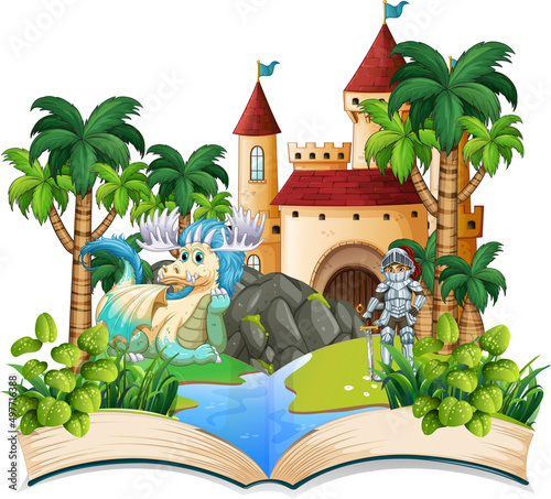 Book with knight and dragon by the castle