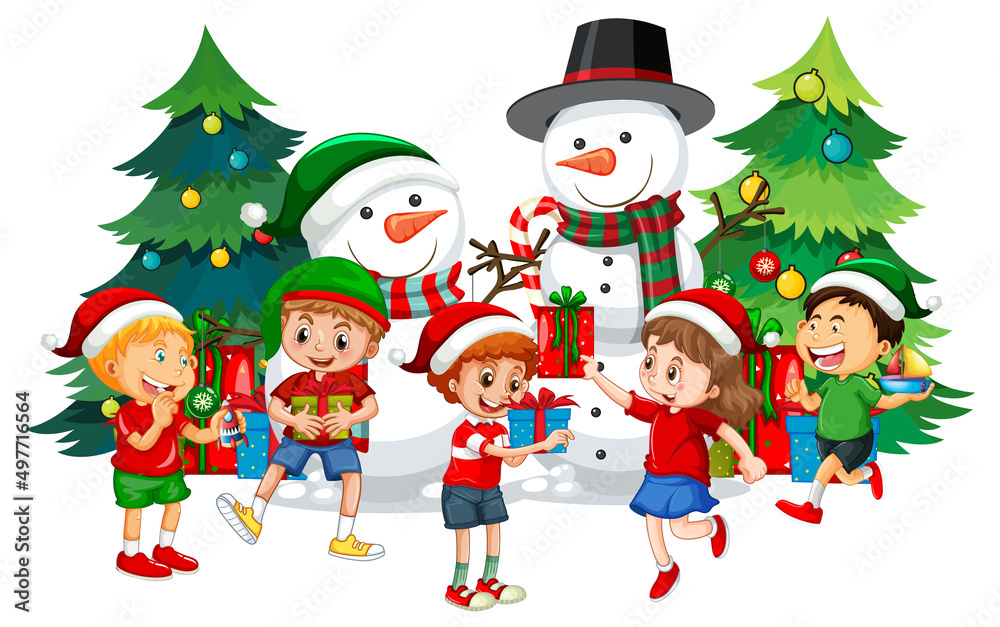 Children celebrating Christmas with snowman and Christmas tree Children celebrating Christmas with snowman and Christmas tree