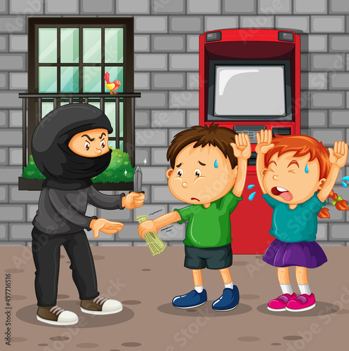 ATM scene with a boy threatened from a robber
