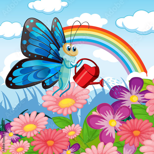Flower field with cartoon butterfly watering flower