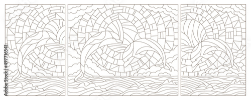 A set of contour illustrations in the style of a stained glass window with dolphins on a landscape background, dark contours on a white background