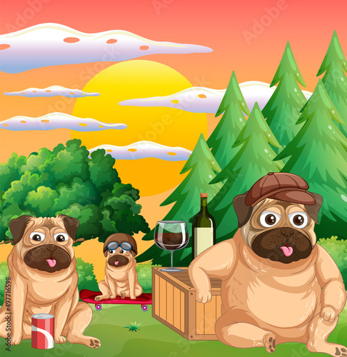 Outdoor scene with cartoon pug dogs