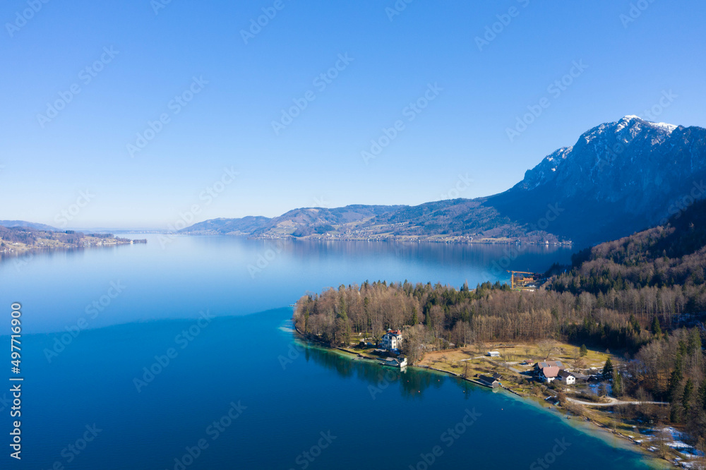 Fototapeta premium Drone photography, Fuschlsee a popular lake near Salzburg, Upper Austria, Europe