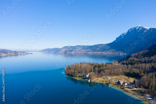 Drone photography, Fuschlsee a popular lake near Salzburg, Upper Austria, Europe