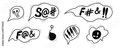 Swear curses word. Doodle hand drawn speech bubble swear words symbols. Comic speech bubble with curses, skull, lightning, bomb. Angry screaming emoji. Vector illustration isolated on white. photo
