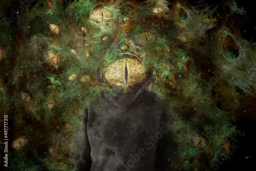 A figure possessed by a demonic spirit. Floating around his head with eyes looking towards the camera