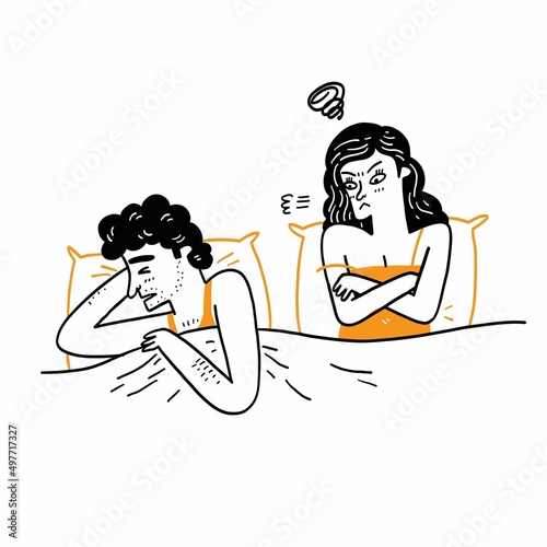 Man with sex problems, dissatisfaction, family troubles, woman lying in bed angry with her husband