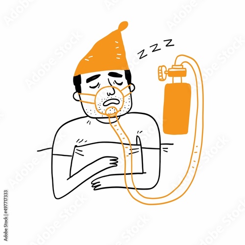 Young man wearing Cpap mask sleeping in bed, snoring man.Obstructive sleep apnea therapy.
