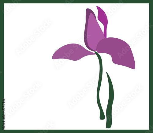 Abstract purple iris flower in green frame on white background. Stylized violet irises flower in border  vector eps 10
