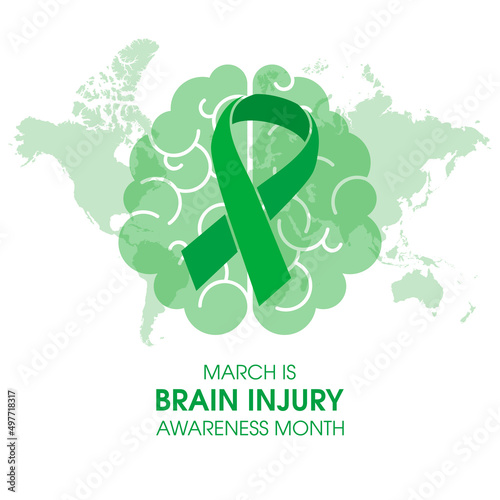 March is Brain Injury Awareness Month vector. Human brain with green ribbon icon vector isolated on a white background