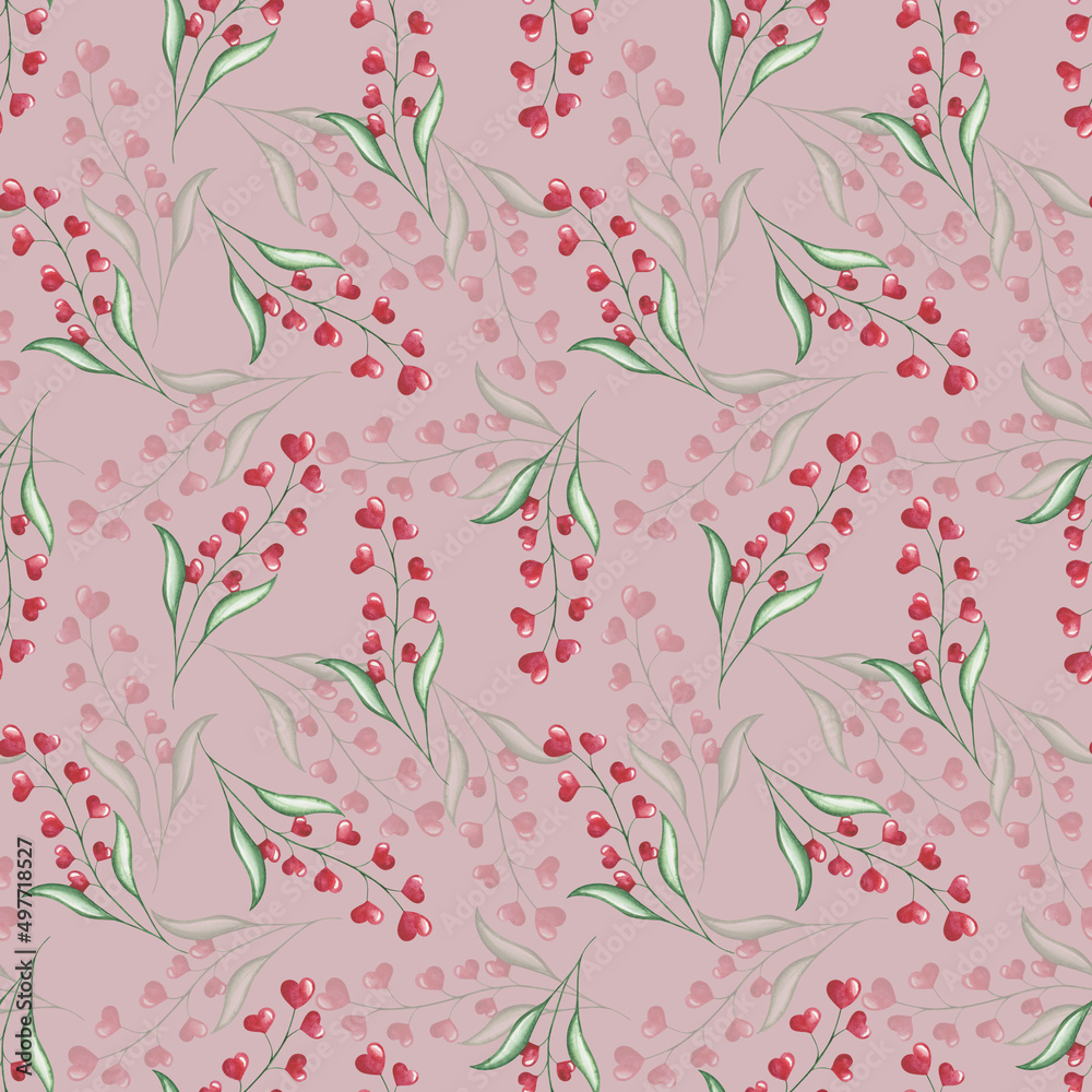 Watercolor seamless pattern from hand painted illustration of red hearts as flowers with green leaves. Design print on red background for design postcard, fabric textile, wedding invitation