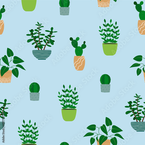Seamless pattern of houseplants in flowerpots. Cartoon colorful plants on blue background