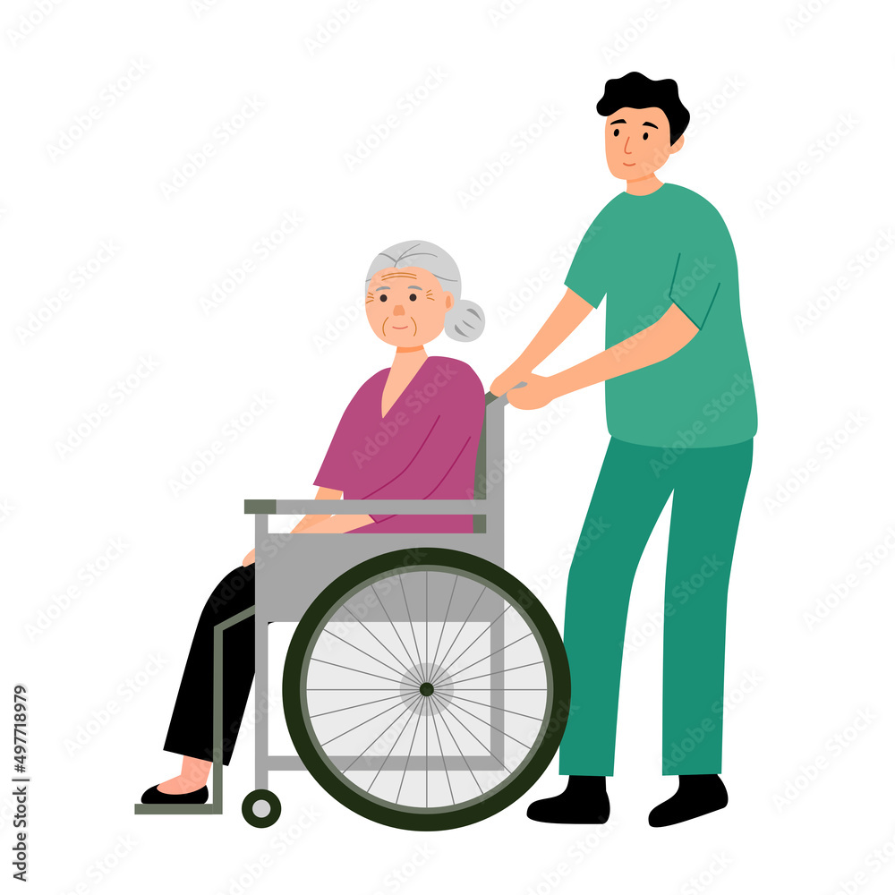 Woman with wheelchair in flat design on white background. Woman with wheelchair in flat design on white background.