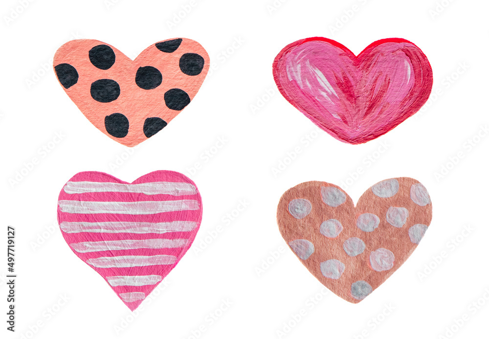 Set of hand drawn hearts. llustration. Acrylic paint elements,isolated on white. Wrappers, wallpapers, postcards, greeting cards, wedding invitations, romantic events. Modern trendy colors.