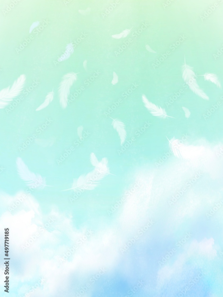 空に舞う天使の羽　天国のイメージ背景素材