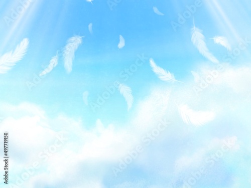 空に舞う天使の羽　天国のイメージ背景素材