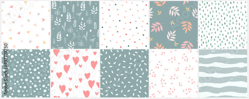 A set of seamless abstract patterns with a natural floral ornament. Hearts, drops, triangles, circles, branches with leaves simple prints. Vector graphics.
