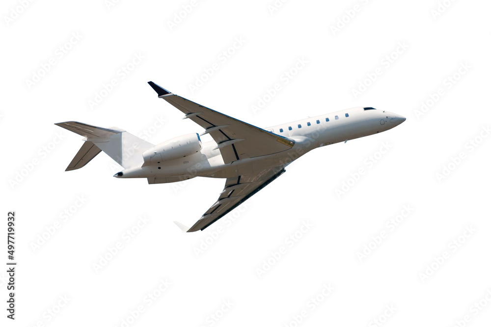 White luxury private jet flies isolated on white background White luxury private jet flies isolated on white background