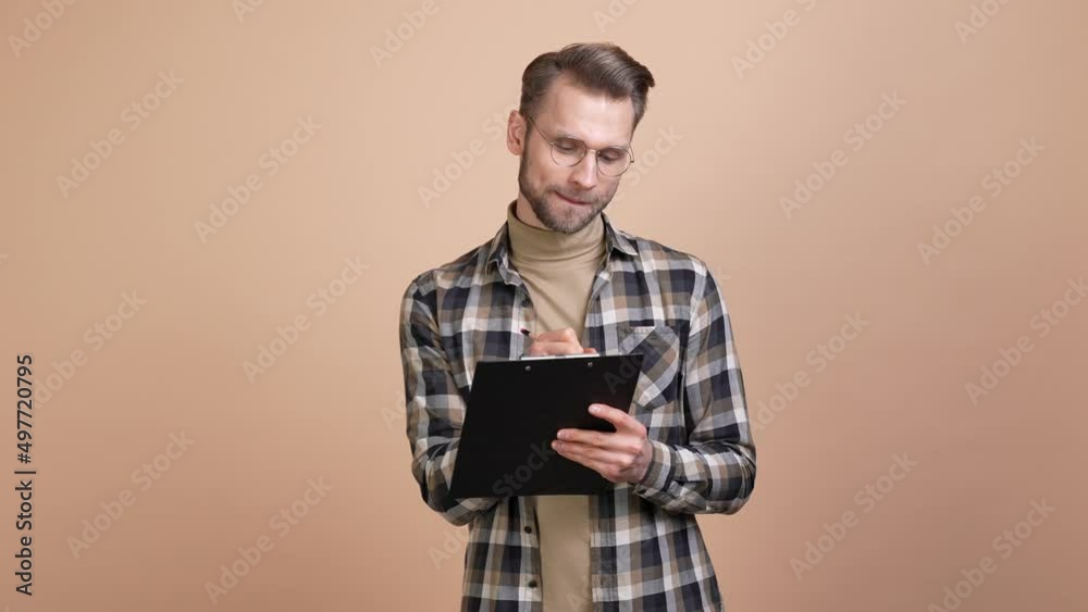 Secretary guy speak new worker write notes isolated pastel color background Secretary guy speak new worker write notes isolated pastel color background