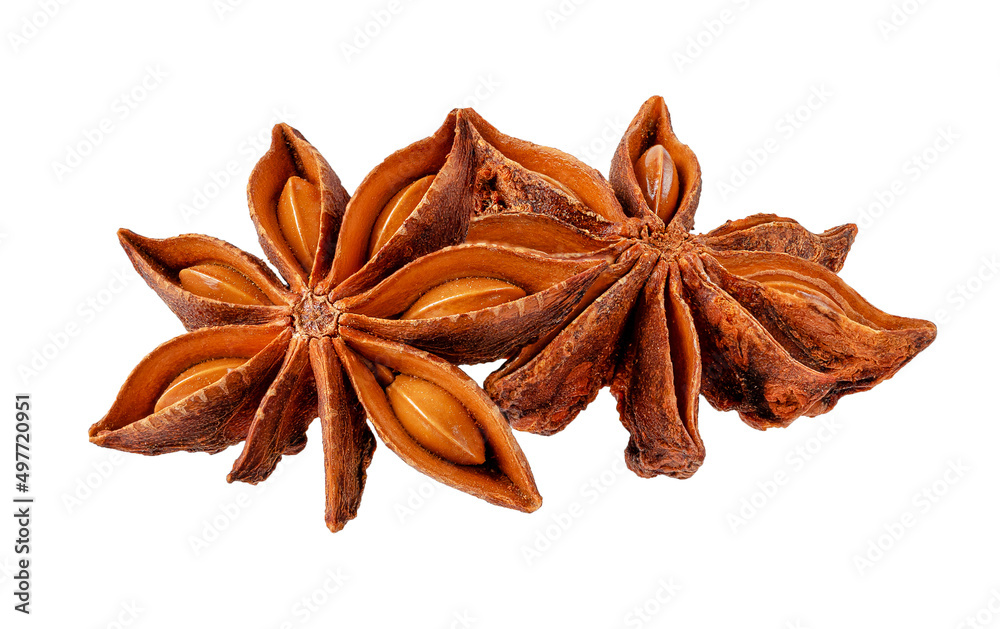 Two anise stars isolated on white background with clipping path. Two anise stars isolated on white background with clipping path.