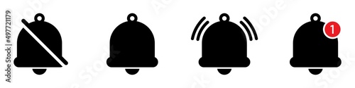 Notification bell set icon. Alarm symbol. Incoming inbox message. Ringing bells. Alarm clock and smartphone application alert, Vector illustration