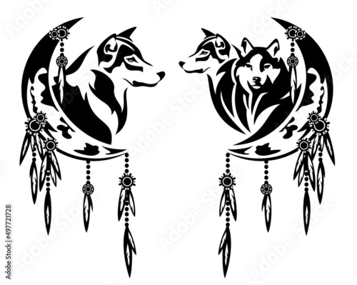 wild wolf pack and crescent moon - tribal style feathered dream catcher with animal head outline black and white vector design set