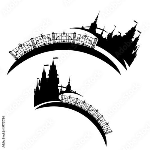 fairy tale medieval castle with flags, bridge span and detailed skyline - medieval fantasy royal residence black and white vector silhouette set