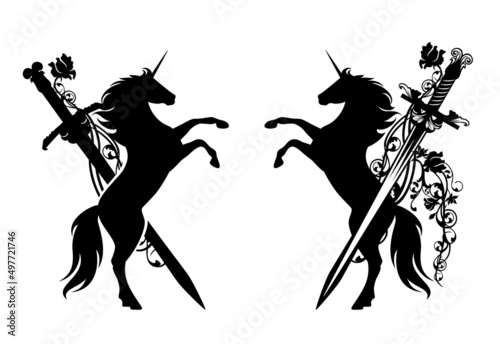 fairy tale unicorn horse and knight sword with rose flower - fantasy medieval hero black and white vector heraldry