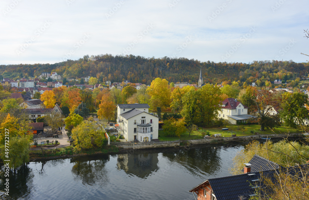 Bad Kosen, Germany panorama view over the Saale river and the town