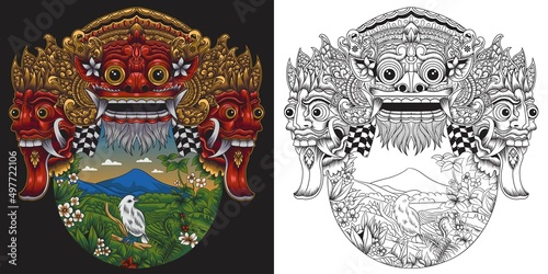the island of gods vector illustration. barong mask with balinese landscape.