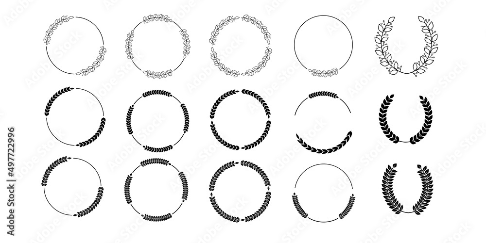 Set of black and white silhouette circular laurel foliate and oak wreaths depicting an award, achievement, heraldry, nobility. Vector illustration. Set of black and white silhouette circular laurel foliate and oak wreaths depicting an award, achievement, heraldry, nobility. Vector illustration.