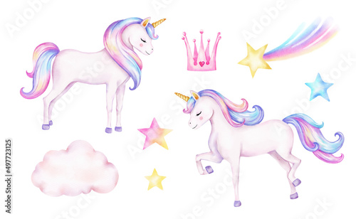 Unicorn Watercolor illustration with boho flowers in pink  white and pastel colors for baby and girls