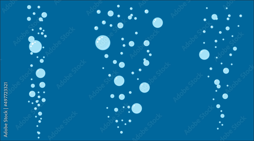 Abstract background blue bubbles composition set. Ocean water texture. Water boiling icons, foam circles effervescent compositions, cleaning signs. Cleaning detergent, shower gel or shampoo. Vector